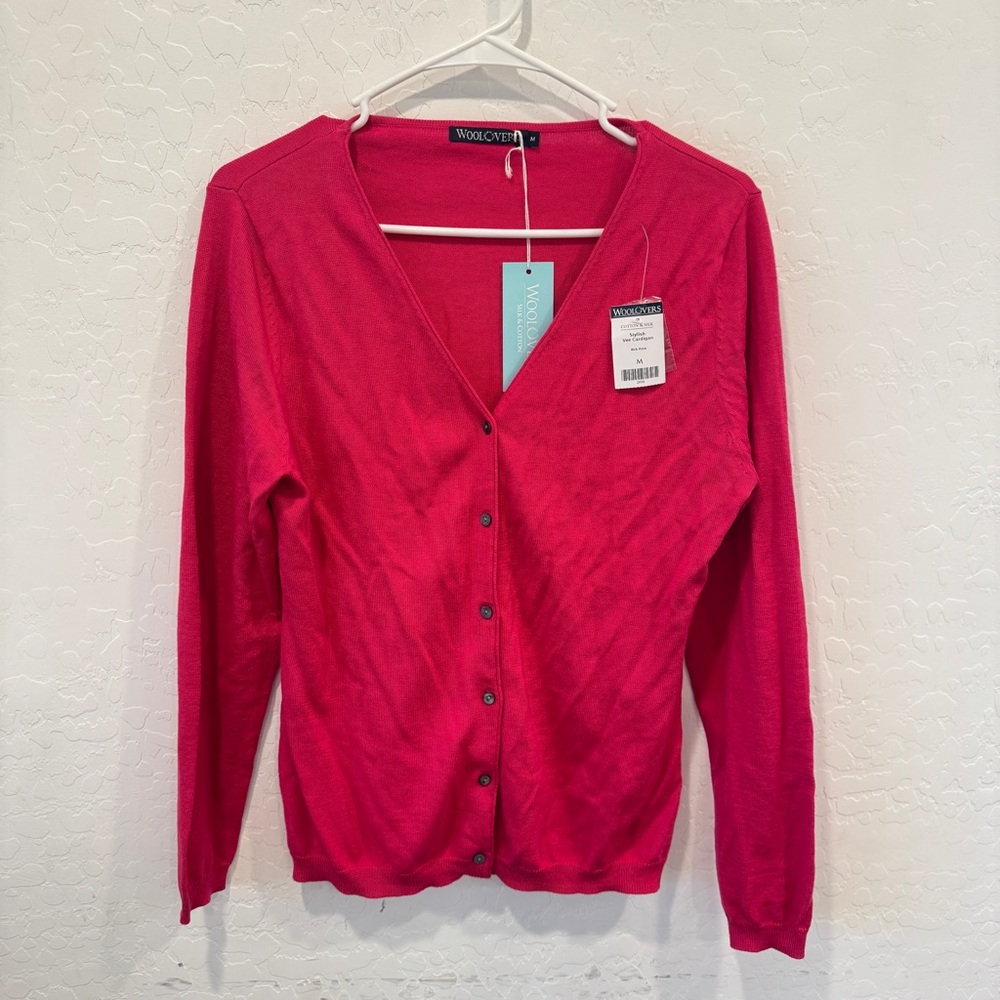 WoolOvers Vee Cardigan Sweater Womens Medium Pink Rich Rose Button Front Knit